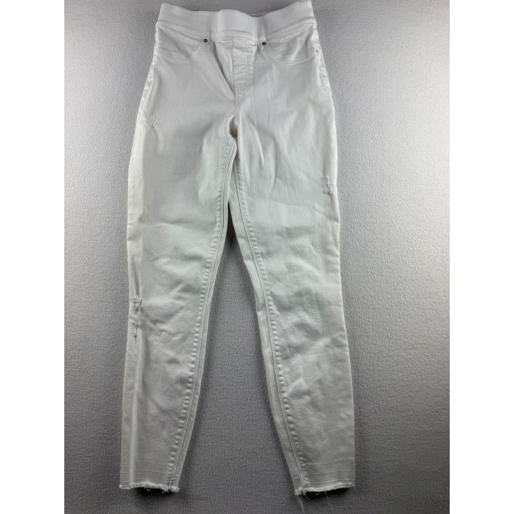 Spanx White Distressed Skinny Jeans High Rise Raw Hem Pull‎ On Womens Size Small